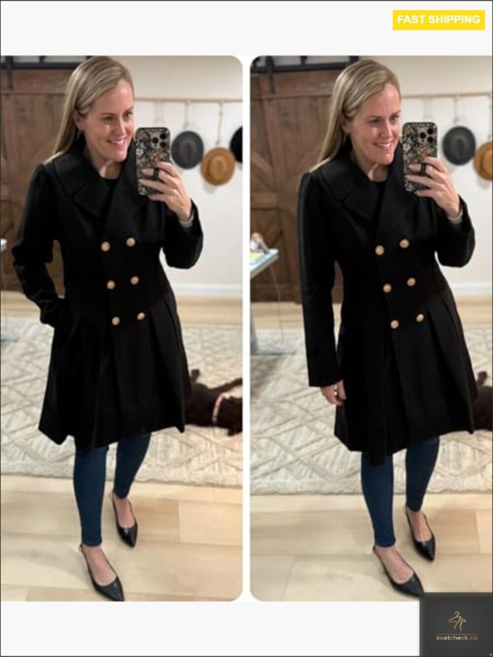 Classic Trench Coat Double Breasted Notch Lapel A-Line Pea Coat with Pockets - Picture 2 of 7